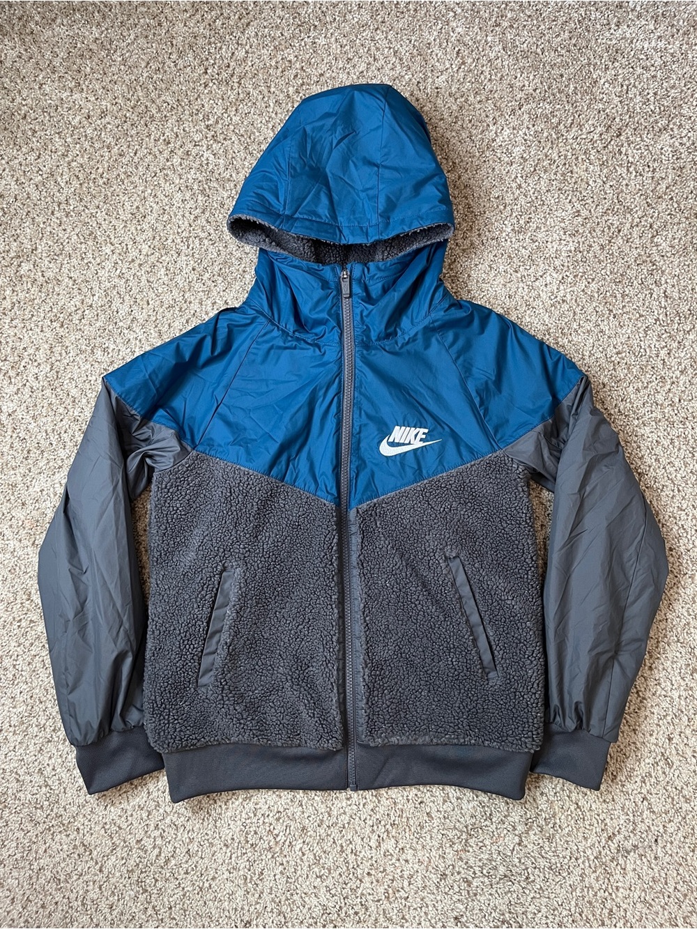 Nike Boys' Blue and Gray Hooded Fleece-Panel Jacket